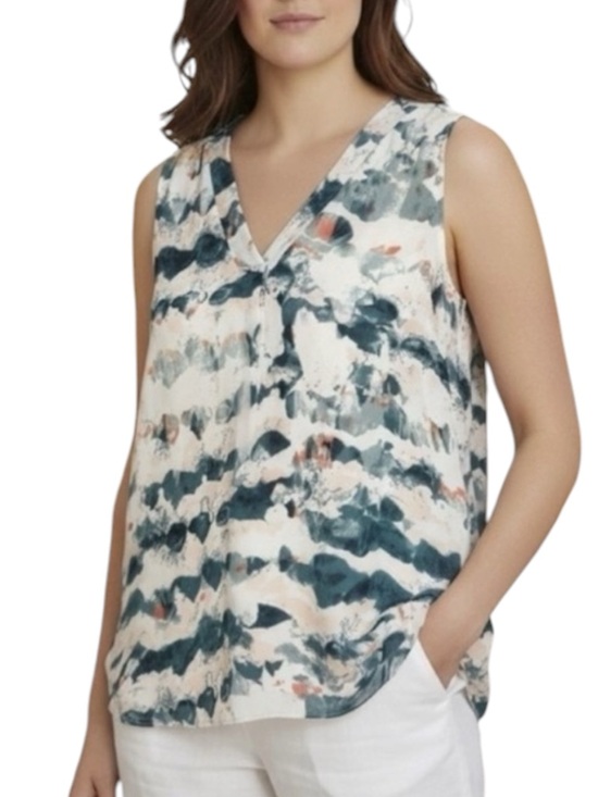CAbi Tops - CAbi Gelato Watercolor Print Chiffon Sleeveless Tunic/Blouse in Green/Blue SMALL